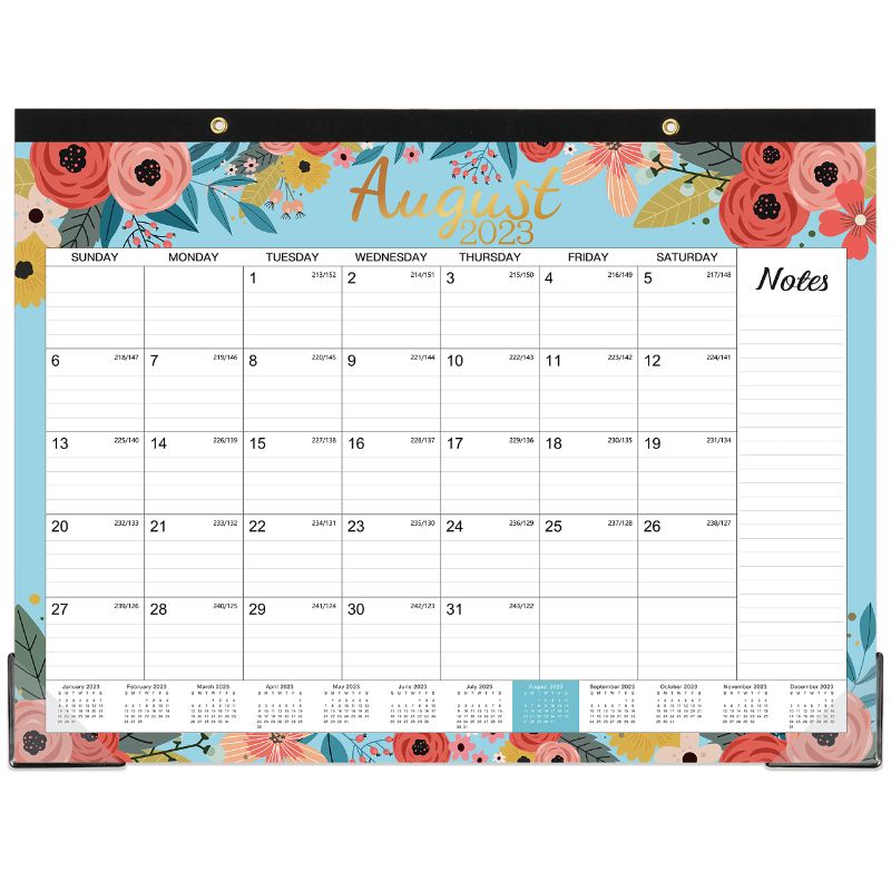 Photo 1 of 2 P[CK Desk Calendar 2023-2024 - July 2023 - December 2024, Large Desk Calendar 2023-2024, 22" x 17", 18 Monthly Desk Calendar with Corner Protectors, Large Ruled Blocks & 2 Hanging Hooks - Blue Floral Large Size - 22'' x 17'' desk calendar