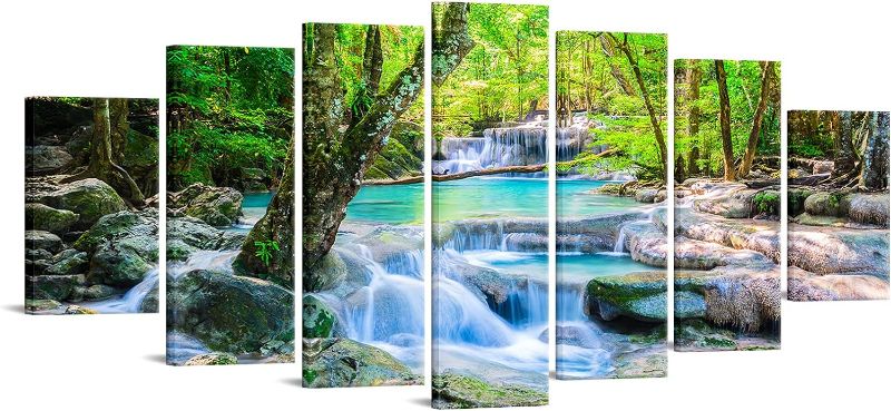 Photo 1 of iKNOW FOTO 7 Pieces X-Large Waterfall Canvas Wall Art Nature Landscape Forest Picture Print Green Trees Artwork Poster for Wall Modern Bedroom Living Room Bathroom Decoration