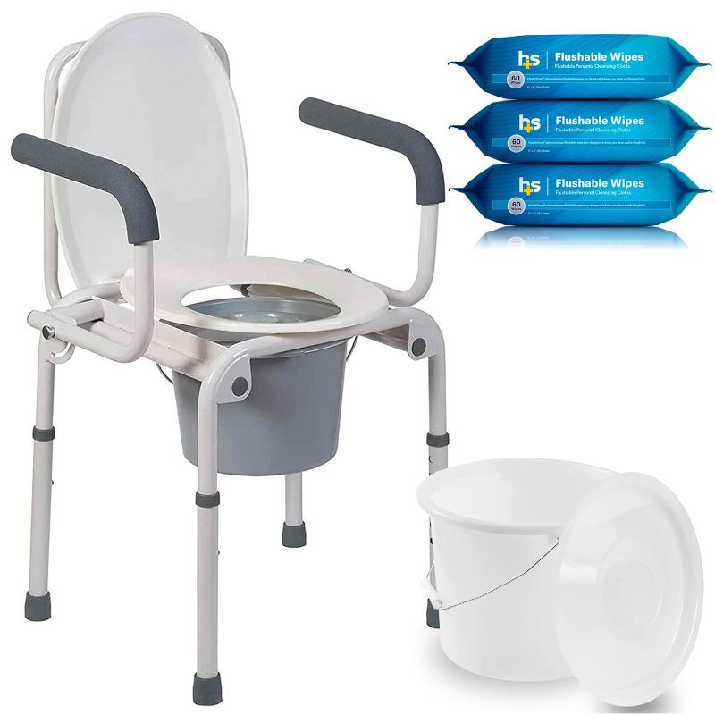 Photo 1 of DMI Portable Commode Kit, Includes DMI Drop Arm Commode, DMI Bedside Commode Replacement Bucket with Lid & Handle, and HealthSmart 180 Count Flushable Wipes
