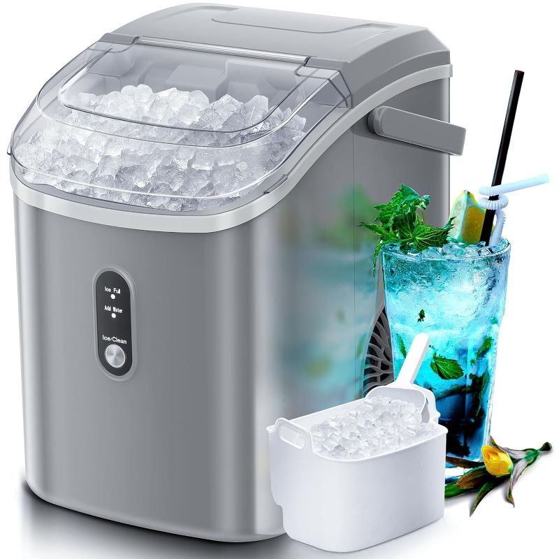 Photo 1 of Nugget Countertop Ice Maker with Soft Chewable Pellet Ice, 34Lbs/24H,Pebble Portable Ice Machine with Ice Scoop, Self-Cleaning, One-Click Operation, for Kitchen,Office,Bar Grey
