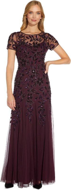Photo 1 of Adrianna Papell Women's Plus Size Short-Sleeve Floral Beaded Godet Gown, Night Plum