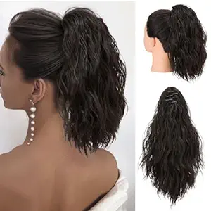 Photo 1 of SARLA Short Ponytail Extension Claw Clip in 13 Inch Fluffy Synthetic Curly Wavy Pony Tail Hairpiece for Women Black Brown
