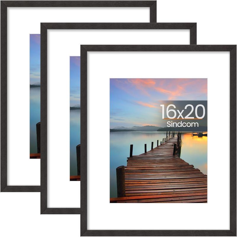 Photo 1 of 16x20 Poster Frame 3 Pack, Picture Frames with Detachable Mat for 11x14 Prints, Horizontal and Vertical Hanging Hooks for Wall Mounting, Charcoal Gray Photo Frame for Gallery Home Décor
