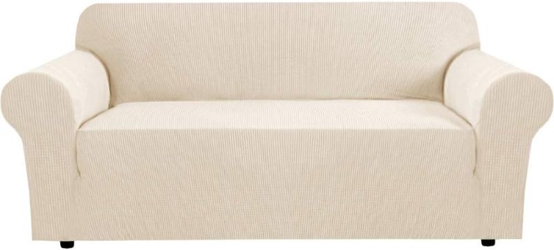 Photo 1 of H.VERSAILTEX Stretch Sofa Covers for 3 Cushion Couch Covers Sofa Slipcovers for Living Room Feature Thick Checked Jacquard Fabric with Elastic Bottom, Sofa Large - Natural- set of 2