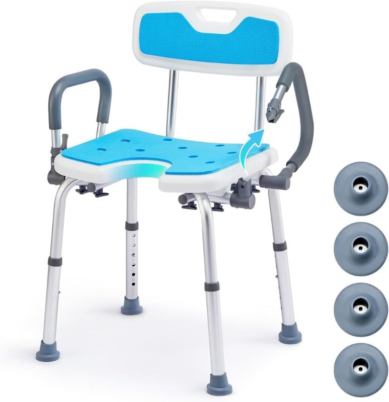 Photo 1 of HEAO Shower Chair for Elderly Heavy Duty 400lbs, Cut Out Shower Seat with Drop Arms and Detachable Backrest, Handicap Bath Bench (4 Small Rubber Feet & 4 Big Suction Cups Replacement)
