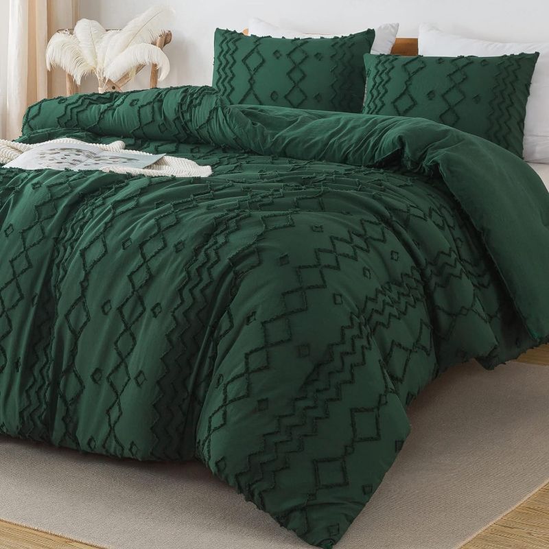 Photo 1 of Andency Comforter Queen Size Dark Emerald Green Set (90x90 Inch), 3 Pieces(1 Boho Comforter, 2 Pillowcases) Forest Green Tufted Farmhouse Comforter, Soft Microfiber Geometric Comforter Bedding Set
