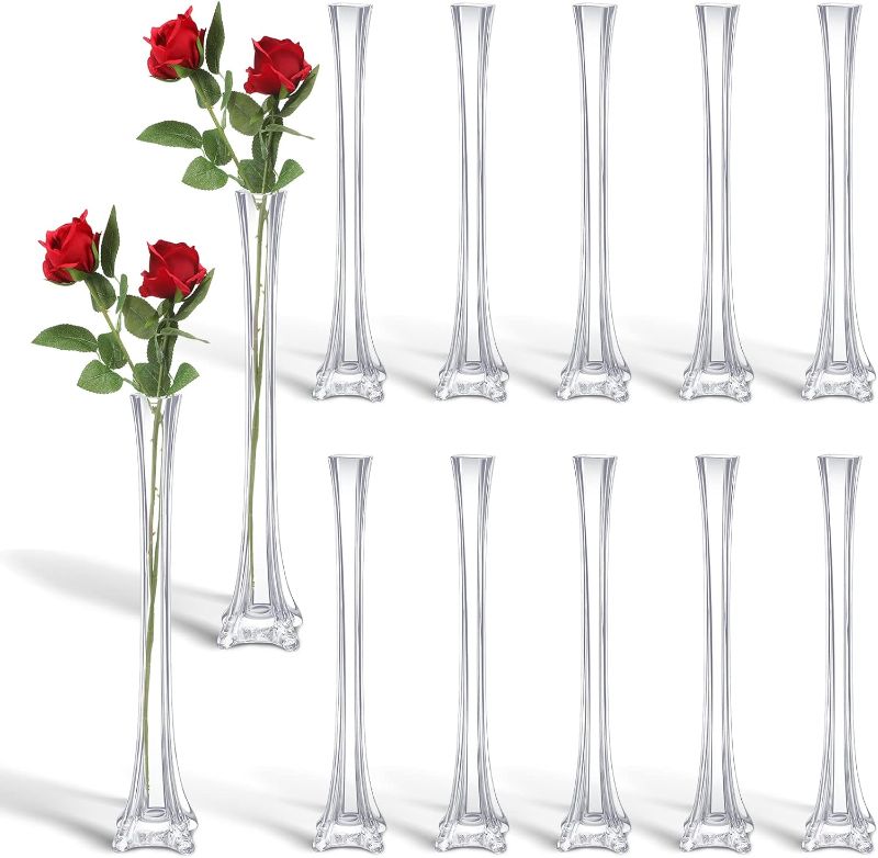 Photo 1 of 12 Pcs Eiffel Tower Vase Bulk 16 Inch Flute Vase Glass Vases Tall Glass Vases Long Skinny Vase Base Glass for Wedding Centerpiece Flowers Decorations (Clear)
