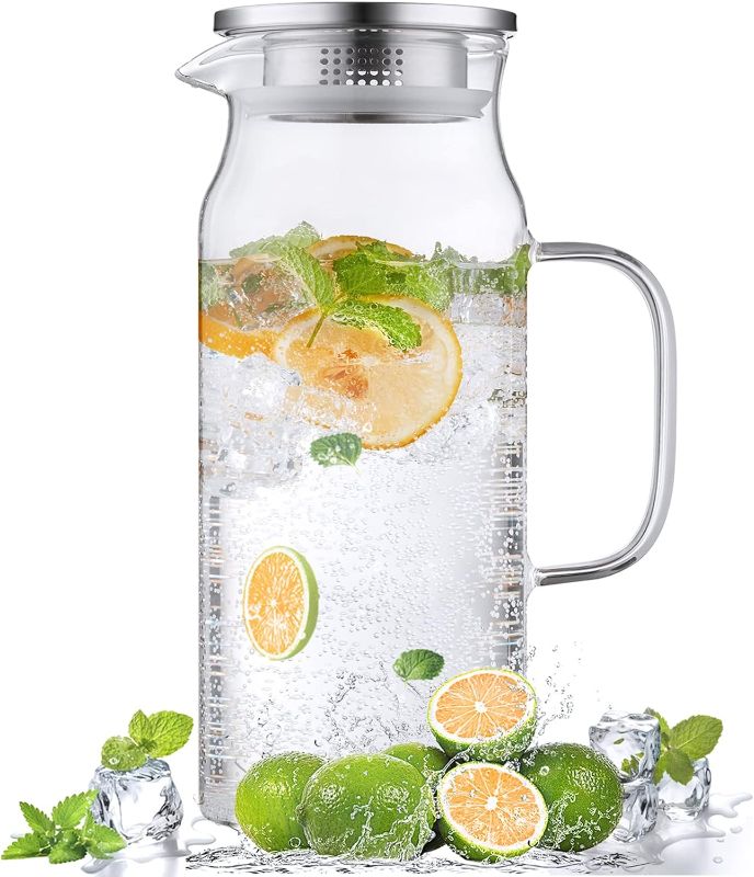 Photo 1 of 2 Liter 68 oz Glass Pitcher with Lid and Spout, Bivvclaz Water Pitcher for Fridge, Glass Carafe for Hot/Cold Water, Large Iced Tea Pitcher for Coffee, Juice and Homemade Beverage
