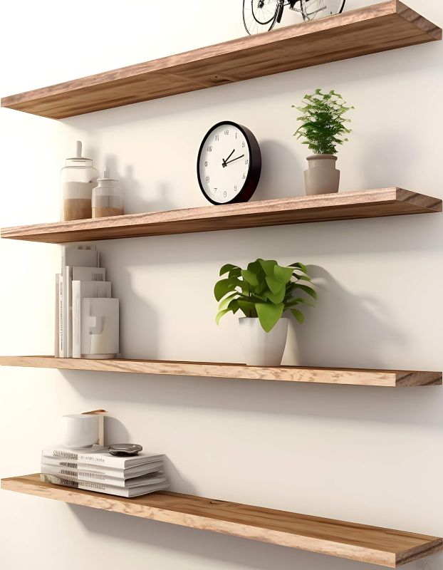 Photo 1 of 48 Inch Wood Floating Shelves for Wall, Wooden Wall Shelves for Bedroom, Set of 4 Light Brown
