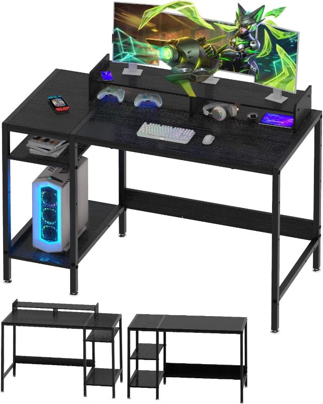 Photo 1 of Computer Desk - 38” Gaming Desk, Home Office Desk with Storage, Small Desk with Monitor Stand, Writing Desk for 2 Monitors, Adjustable Storage Space, Modern Design Corner Table, Black.
