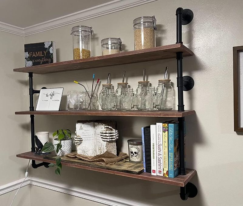 Photo 1 of Floating Shelves,Wall Mounted Rustic Wood Shelf,Pipe Shelves,Industrial Pipe Shelving with Real Wood Planks 48 inch Industrial Wall Shelves Hanging Bookshelf Farmhouse Kitchen Bar Shelving
