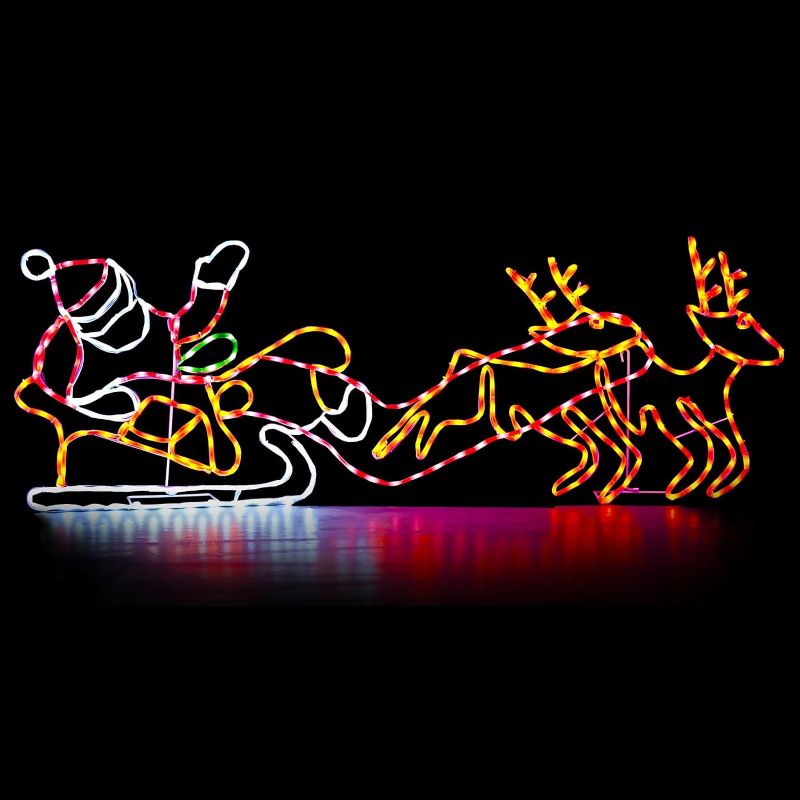 Photo 1 of 315L LED Long Lighted Santa Claus Sleigh and Reindeer Lights, Colorful Neon Light Sign Animated Christmas Decoration for Indoor Outdoor Christmas Decoration
