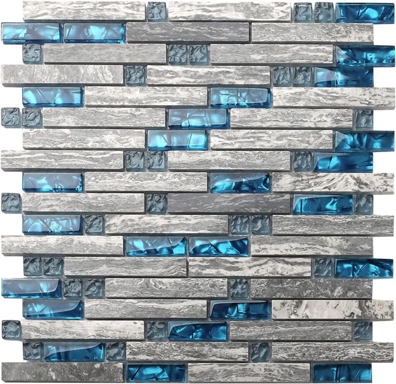 Photo 1 of Blujellyfish Gray Marble Tile for Kitchen Backsplash 12 in. x 12 in. x 8 mm Teal Blue Glass Mosaic Bathroom Shower Wall Linear Tiles (Pack of 5 Sheets)
