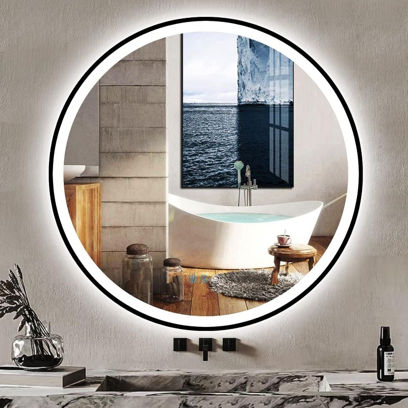 Photo 1 of 36 Inch Black Round LED Bathroom Mirror with Lights Black Frame Vanity Lighted Mirror for Bathroom Wall AntiFog 3 Color Dimmable Large 36 Inch Bathroom LED Circle Round Smart Light up Mirror
