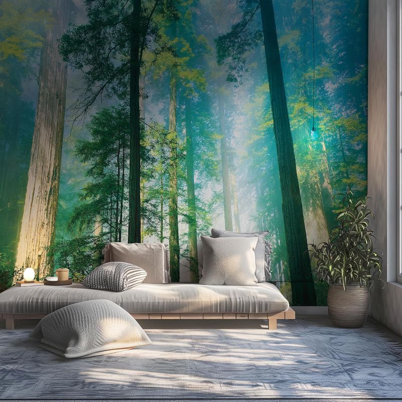 Photo 1 of Majestic Forest Wall Mural – Stunning Woodland Scene Wallpaper with Towering Trees and Sunlight, Non-Pasted - Ideal for Living Rooms, Bedrooms, and Nurseries
