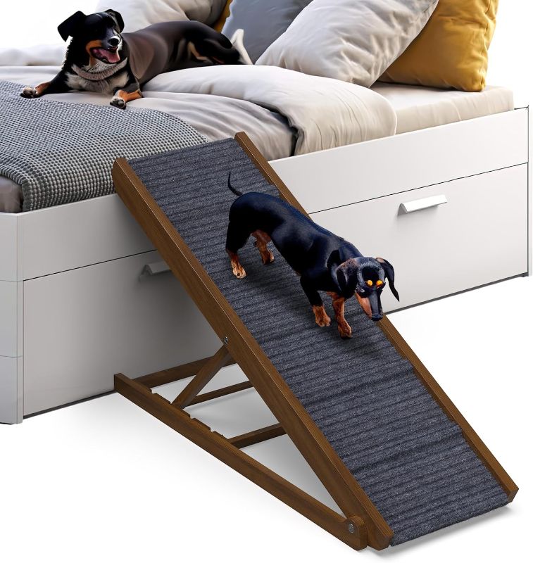 Photo 1 of Dog Ramp for Bed Small Dog to Large Dog - Portable Ramp for Dogs, Folding Dog Ramp for All Breeds - Adjustable Wooden Dog Ramp for Couch, Car Sofa (Walnut - Grey Carpet, Medium)
