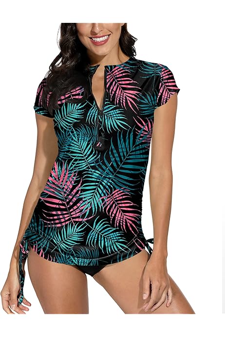 Photo 1 of Medium Halcurt Women's Half Zip Short Sleeve Rash Guard Swimsuit Top Ruched Swim Shirt UPF50+ Quick Dry Bathing Suit 