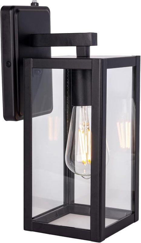 Photo 1 of Dusk to Dawn Outdoor Wall Lantern, Wall Sconce as Porch Lighting Fixture, E26 Medium Base Max 60W, Anti-rust Metal with Glass Shade, Black, 1-Pack