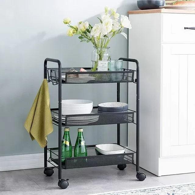 Photo 1 of 3 Tier Rolling Kitchen Storage Utility Cart on Wheels Multifunction Basket Stand Shelf for Bathroom Office, Full Metal Storage Art Trolley Craft Carts Black