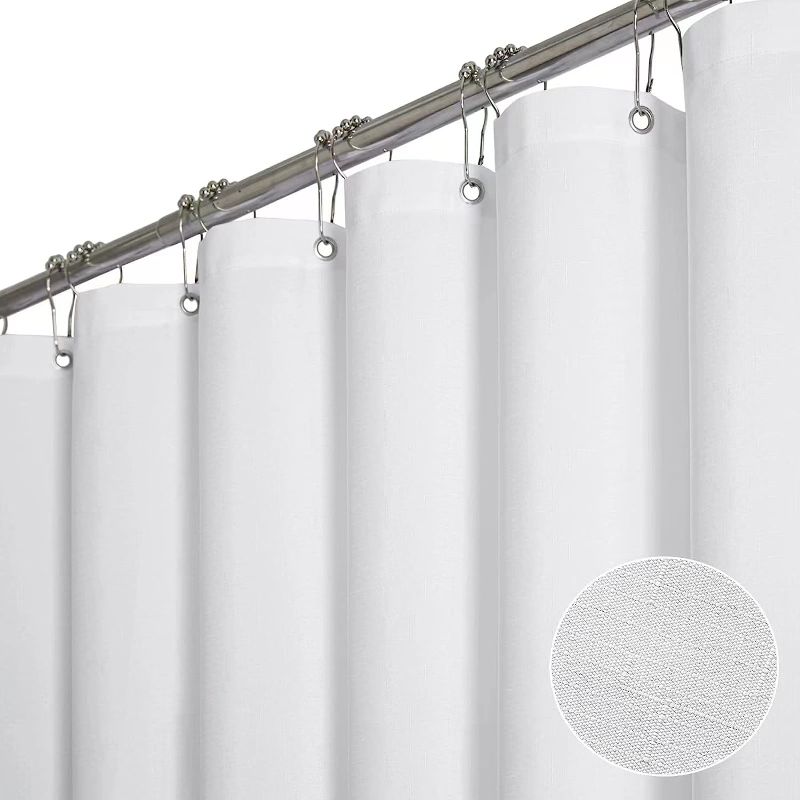 Photo 1 of White Fabric Shower Curtain - Linen Textured Heavy Duty Waterproof Cloth Shower Curtain Set