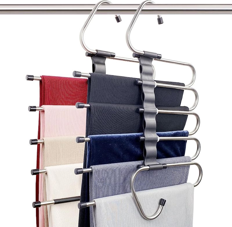 Photo 3 of Magic Pants Hangers Space Saving - 2 Pack for Closet Multiple Layers Multifunctional Uses Rack Organizer for Trousers Scarves Slack (2 Pack with 10 Metal Clips)