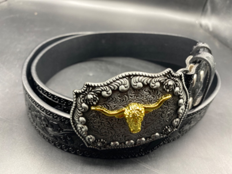 Photo 1 of WHIPPY Western Belts for Men Women Cowboy Cowgirl Genuine Leather Belt Longhorn Bull Buckle 37-40''