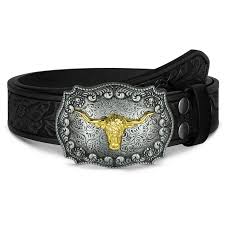 Photo 1 of Size 37" - 40" - WHIPPY Western Belts for Men Women Cowboy Cowgirl Genuine Leather Belt Longhorn Bull Buckle 37-40''