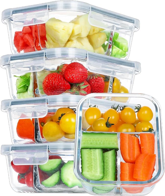 Photo 1 of  5 Pack 35 Oz Glass Meal Prep Containers 3 Compartments, Glass Food Storage Containers with Lids, Airtight Bento Box Lunch Container-Microwave, Freezer...