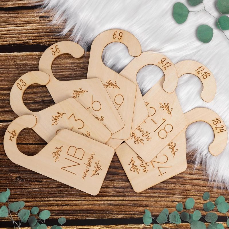 Photo 1 of Baby Closet Dividers for Clothes Organizer - Set of 7 Adorable Wooden Double-Sided Baby Clothes Size Hanger Organizer from Newborn to 24 Months for Nursery Beautiful Decor