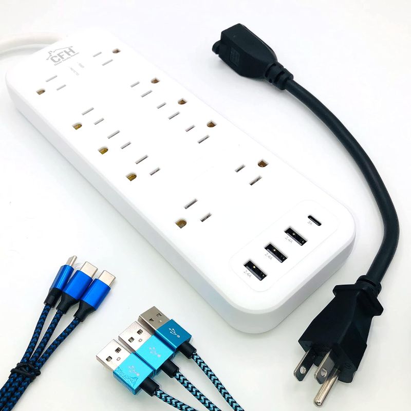 Photo 1 of 8-Outlet 4-USB Fire Safe Surge Protector with Outlet Saver Power Cord and USB Charge Cables
