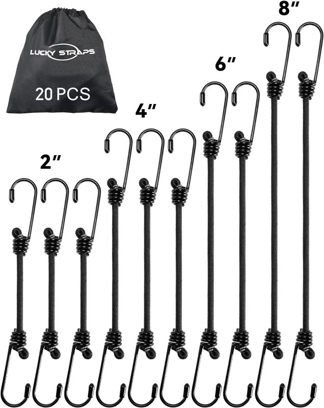 Photo 1 of 2'' 4'' 6'' 8'' Mini Short Bungee Cords Assorted Sizes with 6mm Diameter & 2.5X Stretch, 20 Pcs Black Small Bungee Straps with Excellent UV Protection & Upgraded Steel Hooks for Small Items & Tools
