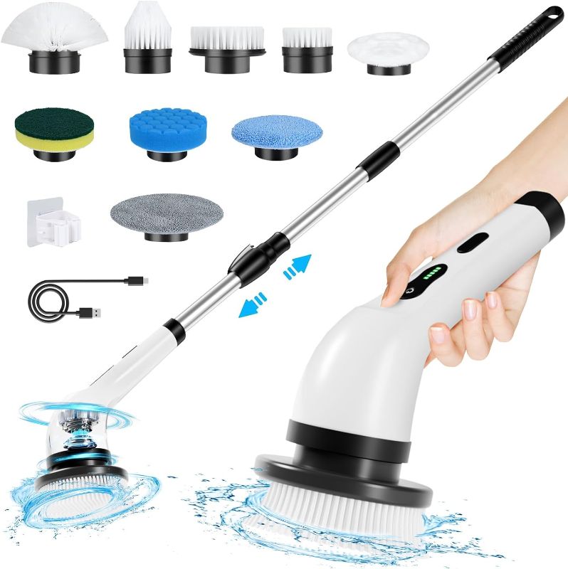 Photo 1 of Electric Spin Scrubber Cordless, Electric Scrubber for Cleaning Bathroom with Long Handle, Electric Shower Scrubber, Power Cleaning Brush with 9 Brush Heads for Bathtub Tile Floor Car
