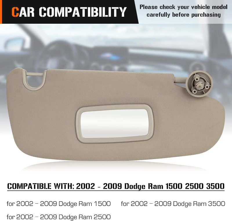 Photo 2 of Sun Visor for 2002-2009 Dodge Ram 1500 2500 3500, Right Passenger Side Beige Gray Sunvisor Replacement 1CT11TL2AA