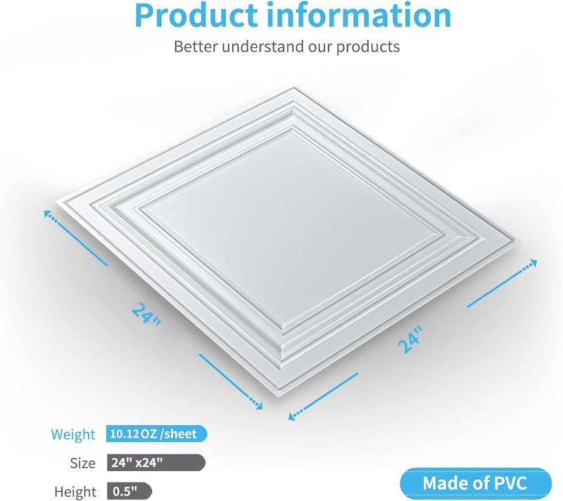 Photo 2 of Art3d PVC Ceiling Tiles, 2'x2' Plastic Sheet in White (12-Pack)
