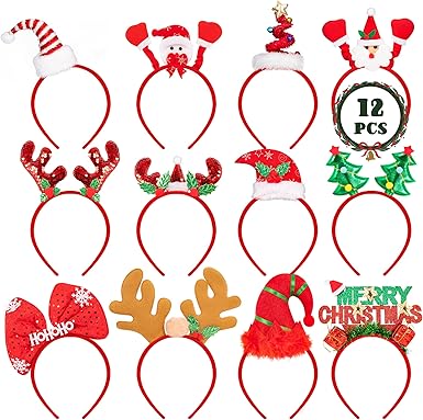 Photo 1 of 12 PCS Christmas Headbands, Felt Xmas Head Topper, Various Design Santa Hat Snowman Reindeer Antler Bow Elf Hat Headpieces for Women Adults Kids Christmas Party Supplies
