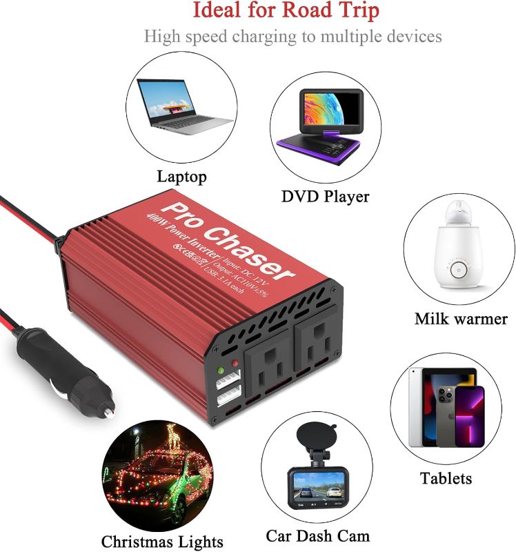 Photo 1 of Pro Chaser 400W Power Inverters for Vehicles - DC 12v to 110v AC Car Inverter Converter, 6.2A Dual USB Charging Ports, Dual AC Adapter for Air Compressor Laptops (Red)
