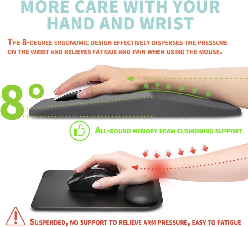 Photo 3 of Ergonomic Mouse Pad Wrist Support, Memory Foam Gel Mousepad with Wrist Rest Pain Relief & Non-slip PU Base, Office PC Computer Wrist Pad for Wireless Mouse & Desk(13x8Inch, Grey)