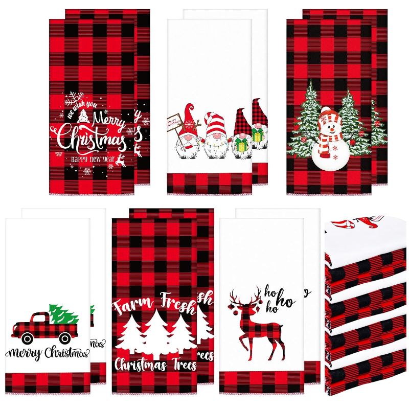 Photo 1 of 4 Pcs Christmas Kitchen Dish Towels Red and Black Plaid Bathroom Hand Towels Buffalo Check Hand Dish Cloths Xmas Snowman Truck Soft Washcloths for Home Cooking Cleaning, 23.6 x 15.8 Inch