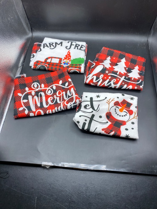 Photo 2 of 4 Pcs Christmas Kitchen Dish Towels Red and Black Plaid Bathroom Hand Towels Buffalo Check Hand Dish Cloths Xmas Snowman Truck Soft Washcloths for Home Cooking Cleaning, 23.6 x 15.8 Inch