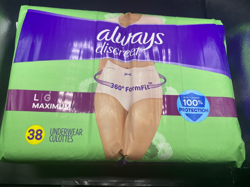 Photo 1 of Always Discreet Incontinence and Postpartum Underwear for Women, Maximum, Large, 38 underwear and 2 packs 