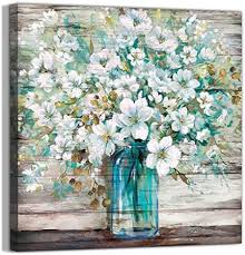 Photo 1 of 3LDECOR Country Style Canvas Wall Art Teal Blue Mason Bottle White Flower Rustic Wall Decor Art Hanging in The Bedroom Bathroom Living Room Dining Room Office Fireplace Kitchen Murals Decor(14x14)
