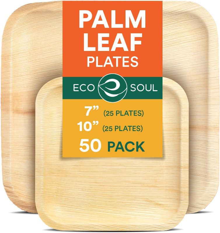 Photo 1 of ECO SOUL Compostable 7 & 10 Inch Palm Leaf Square Plates (50 Count) Like Bamboo Plates | Biodegradable | Eco-Friendly, Microwave & Oven Safe - Party Pack
