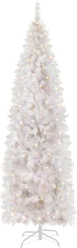 Photo 1 of Annecy 6Ft Pre-Lit Fir Pencil Christmas Tree, White Artificial Slim Skinny Christmas Tree for Home, Office, Party Decoration w/ 618 Tips, 250 Warm White & Multi-Color Lights, Metal Hinges & Base
