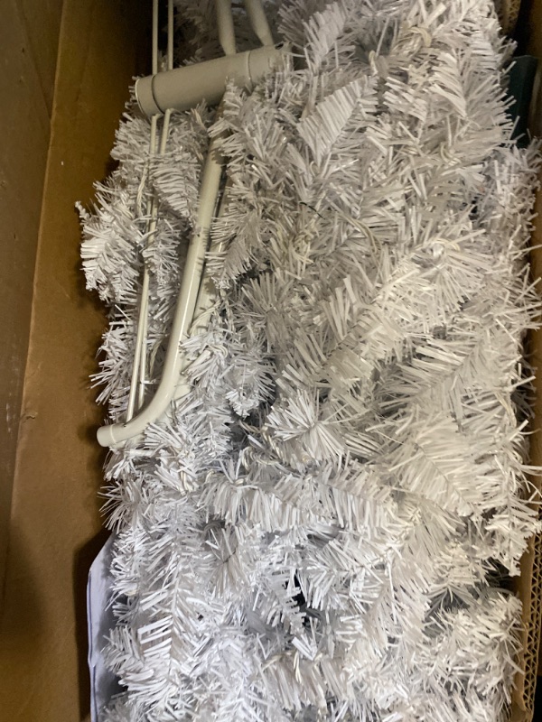 Photo 1 of Annecy 6Ft Pre-Lit Fir Pencil Christmas Tree, White Artificial Slim Skinny Christmas Tree for Home, Office, Party Decoration w/ 618 Tips, 250 Warm White & Multi-Color Lights, Metal Hinges & Base
