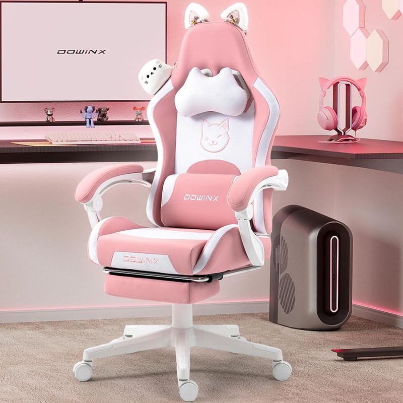 Photo 1 of Dowinx Gaming Chair Cute with Cat Ears and Massage Lumbar Support, Ergonomic Computer Chair for Girl with Footrest and Headrest, Comfortable Reclining Game...
