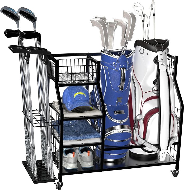 Photo 1 of Golf Storage Organizer for Garage, Golf Bag Holder Club Organizer Rack, Fits for 2 Golf Bags and Golf Equipment
