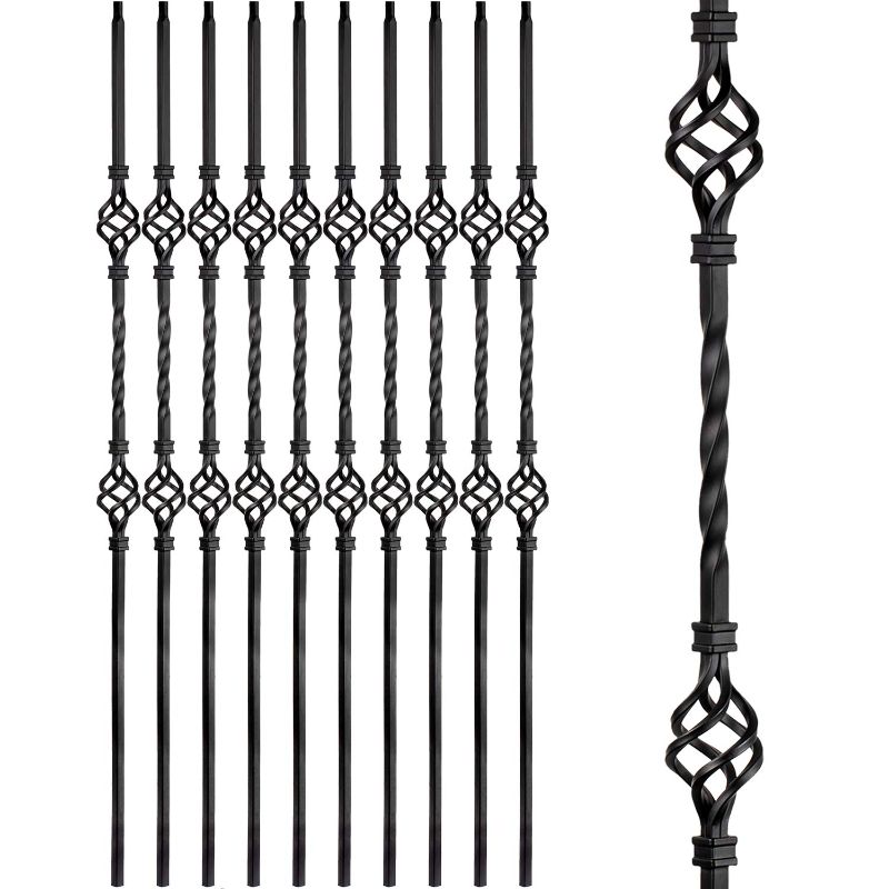 Photo 1 of Aotree Iron Balusters - Wrought Iron Stair Balusters - Hollow Double Basket Metal Spindles - 44" X 1/2" - Box of 10 (Satin Black)
