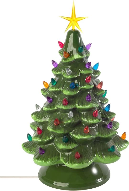 Photo 1 of Classic Ceramic Christmas Tree – 15.5” Vintage Green Tree with Separate Base, Multi-color Lights, Power Cord, Bulb and Star
