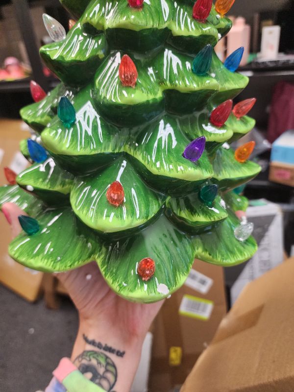 Photo 2 of Classic Ceramic Christmas Tree – 15.5” Vintage Green Tree with Separate Base, Multi-color Lights, Power Cord, Bulb and Star
