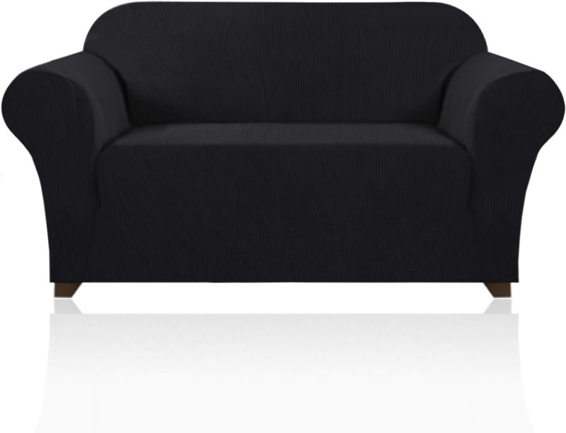 Photo 1 of PrinceDeco Stretch Loveseat Sofa Cover Slipcover Couch Cover for 2 Cushion Sofa Washable Sofa Cover for Pets Friendly Furniture Protector Covers with Non Slip Bottom(Loveseat, Black)
